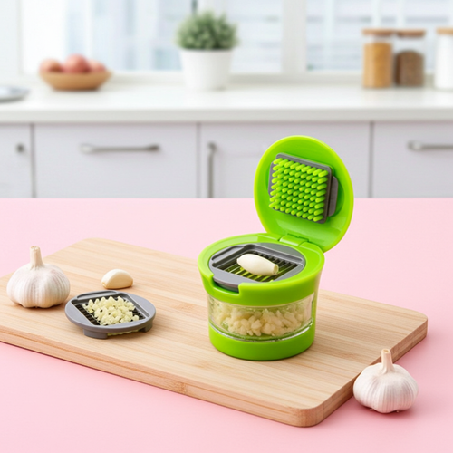 A green garlic press chopper with its lid open, shown on a wooden cutting board with garlic bulbs and minced garlic on a pink tabletop in a blurred kitchen setting.