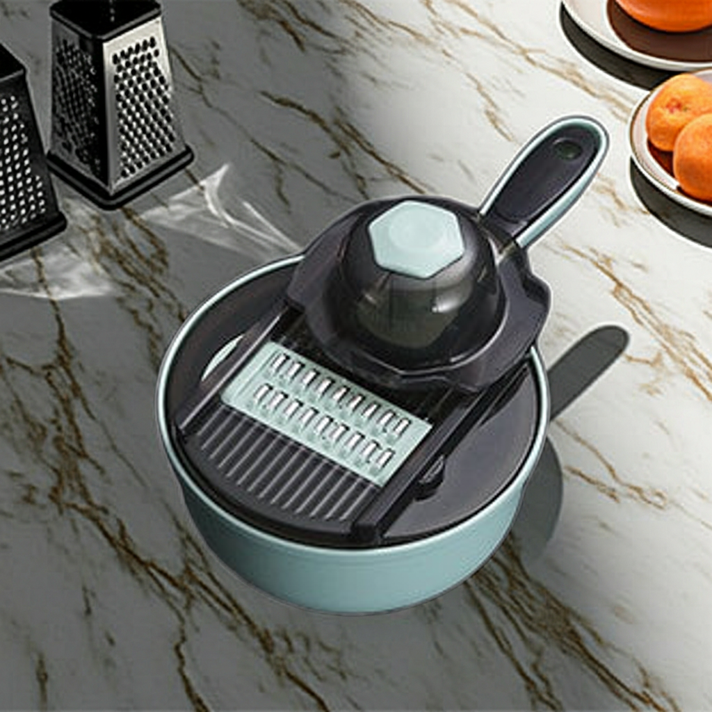 A kitchen mandoline slicer and grater attachment with a light blue pot base and black plastic components, shown on a marble countertop with grater props and sliced fruit nearby.