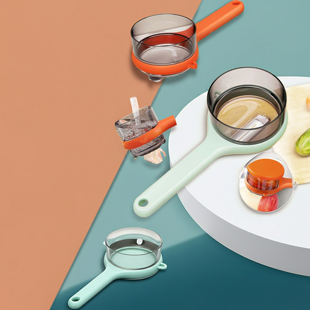 A set of silicone kitchen strainers and ice cube trays with translucent handles in mint green and bright orange, shown on a styled two-tone background with food props.