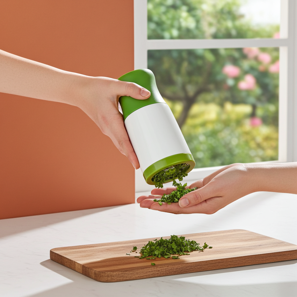 A green and white manual herb chopper is being held by hands over a wooden cutting board, with chopped green herbs falling into a hand. A warm terracotta wall and a window with blurred greenery are in the background.
