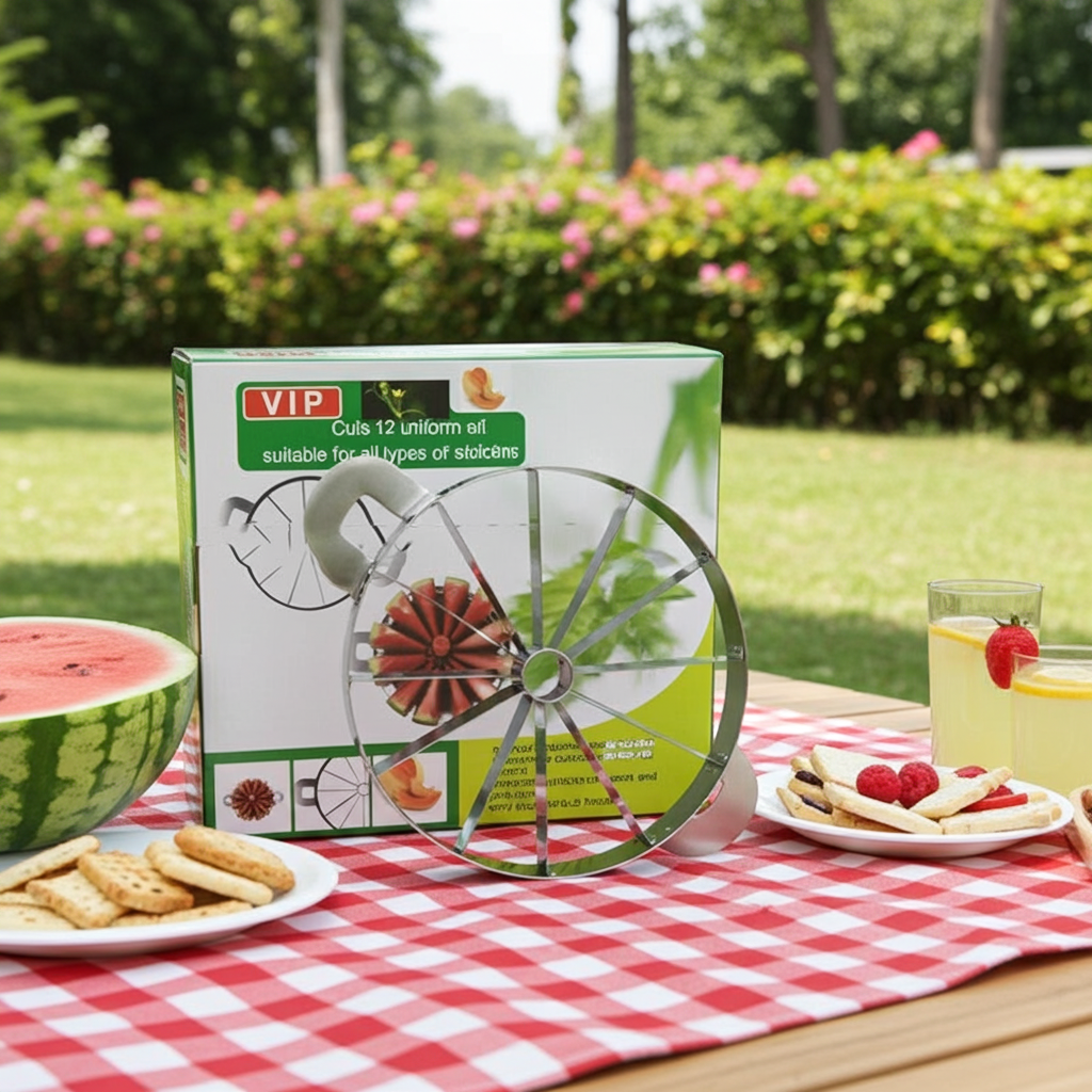 A circular metal slicer with a central handle, shown in front of its retail box on a red-and-white checkered picnic blanket outdoors. Plates of bread, a watermelon, and drinks are arranged nearby, with a blurred garden background.