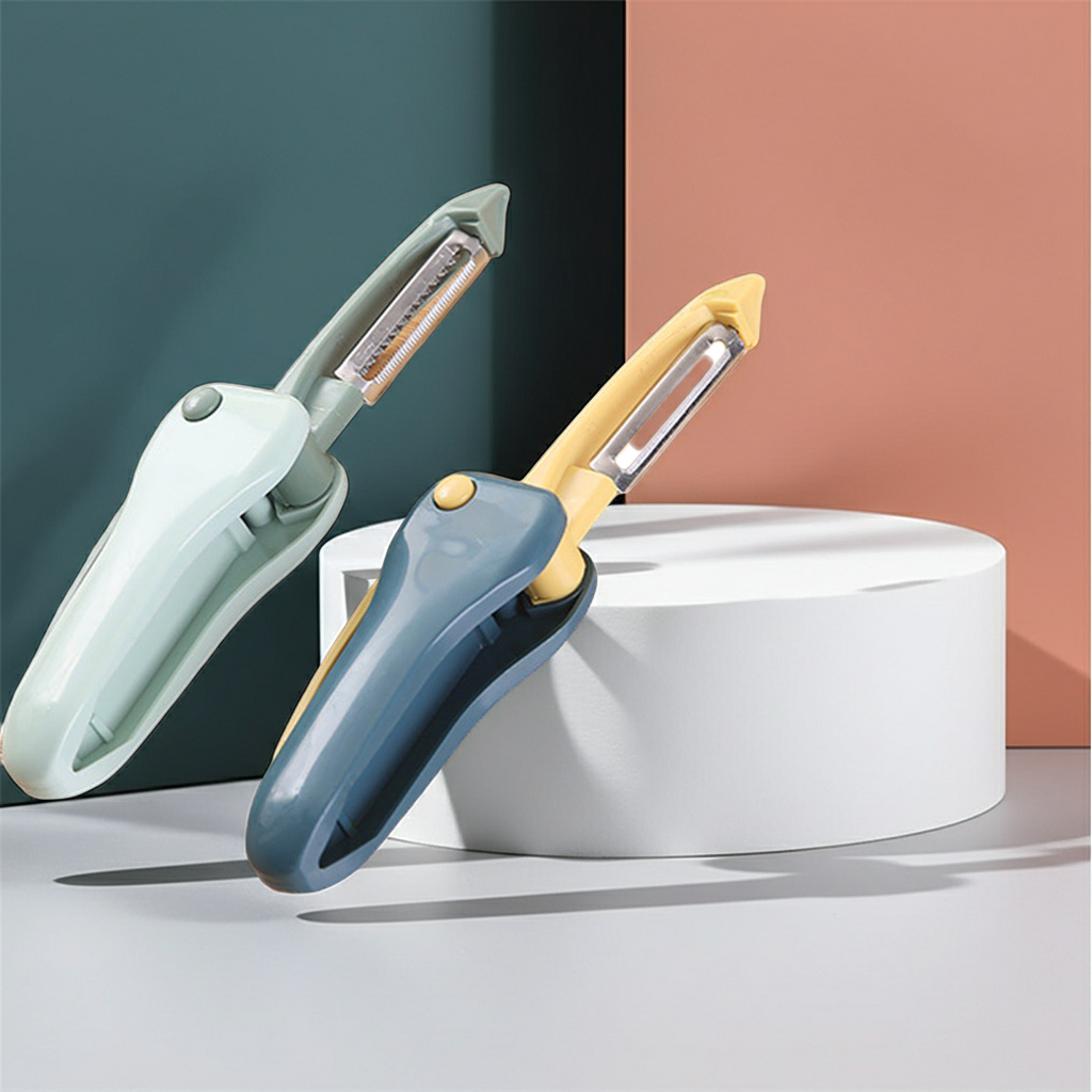 Two handheld peeler tools displayed on a white cylindrical pedestal against a split dark teal and peach background. One peeler has a pale mint-green body, and the other has a slate blue body with a yellow handle; both have exposed metal peeling blades.