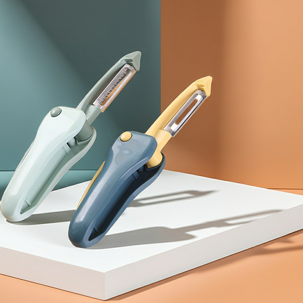 Two electric peeling tools with ergonomic handles are displayed on a white platform. One has a sage green handle and the other has a slate blue handle, both with yellow accents and metallic blades, set against a split teal and terracotta background.