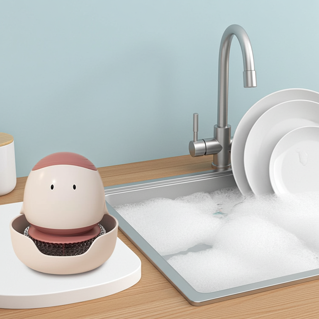 A small round dishwashing sponge holder with a cute face sits on a wooden kitchen counter next to a sink filled with soapy water and dishes. The holder is cream-colored with a dusty pink top and a dark sponge inside.