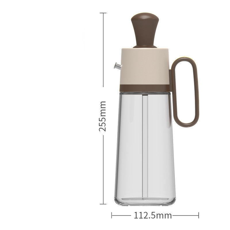 Clear glass bottle with brown cap and handle, dimensions indicated on a white background