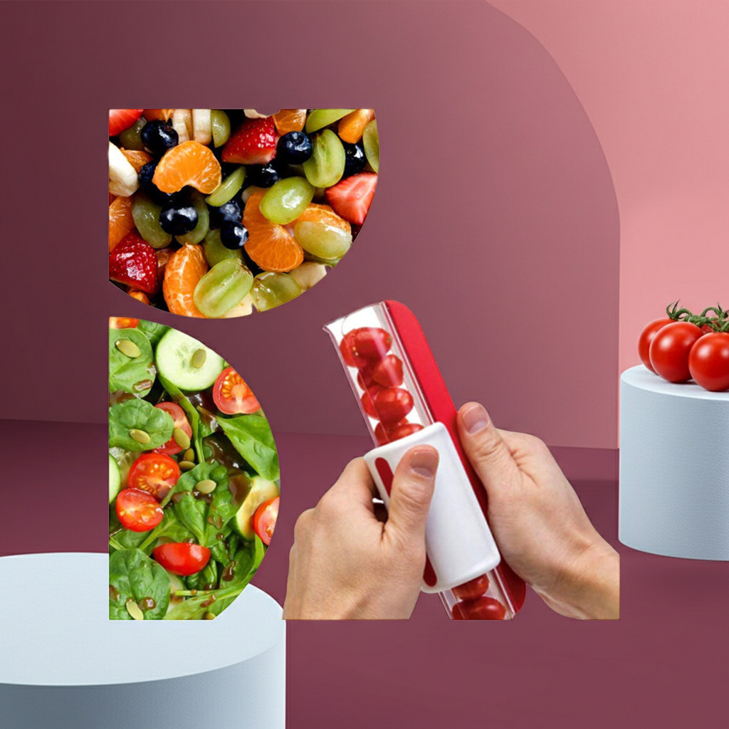 A hand holds a red and white cherry tomato cherry picker tool over a clear container filled with cherry tomatoes. Two circular inset images show colorful fruit and salad mixes, set against a pink and mauve studio background with white display pedestals.