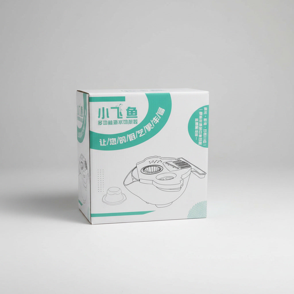 Box packaging of a kitchen appliance with text and graphics on a white background