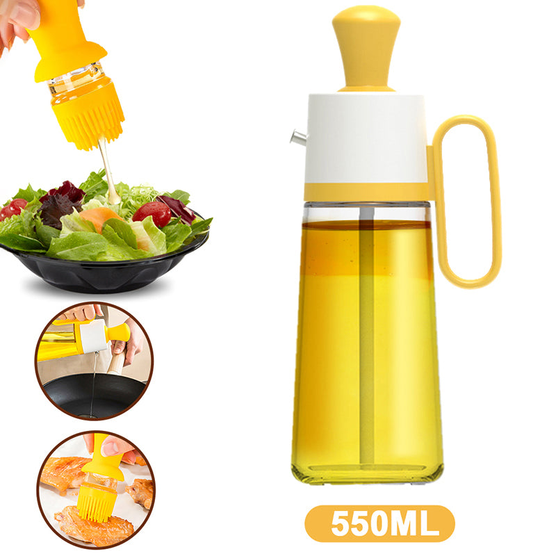 Yellow oil bottle with brush attachment being used on a salad, with close-up insets showing its use.