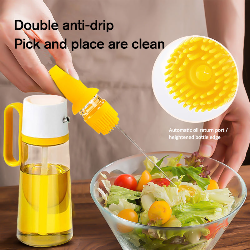 Yellow oil bottle with brush and salad on a wooden table