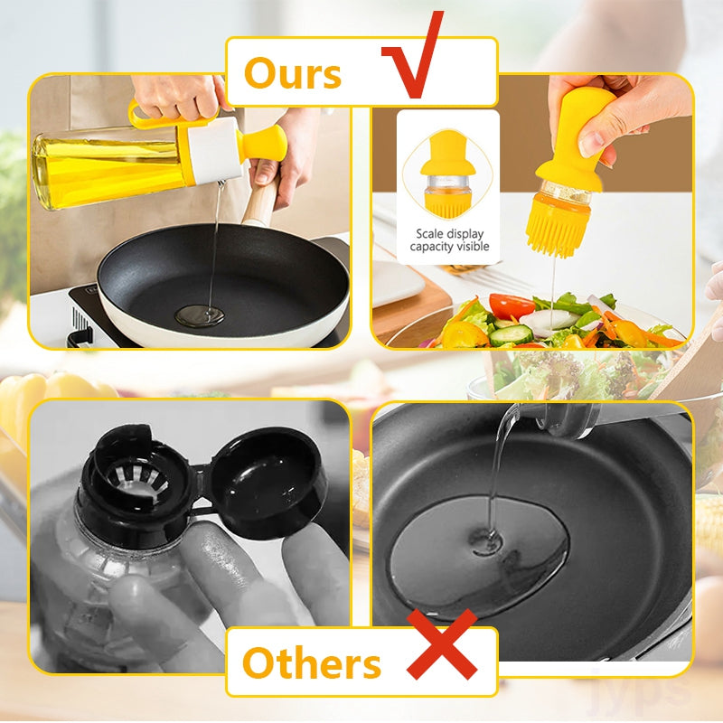Comparison of a yellow oil dispenser with different designs labeled 'Ours' and 'Others'.