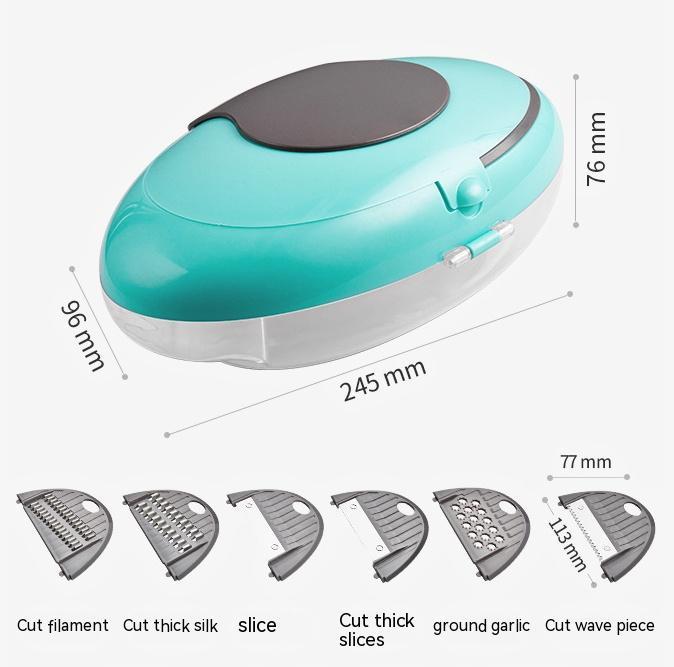 Turquoise vegetable chopper with measurement details and interchangeable blades on a white background