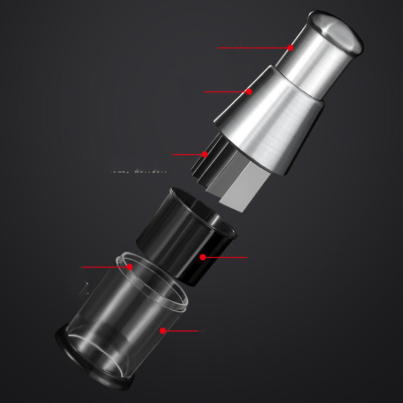 Split view of a metallic and clear cylindrical object with labeled parts on a dark background