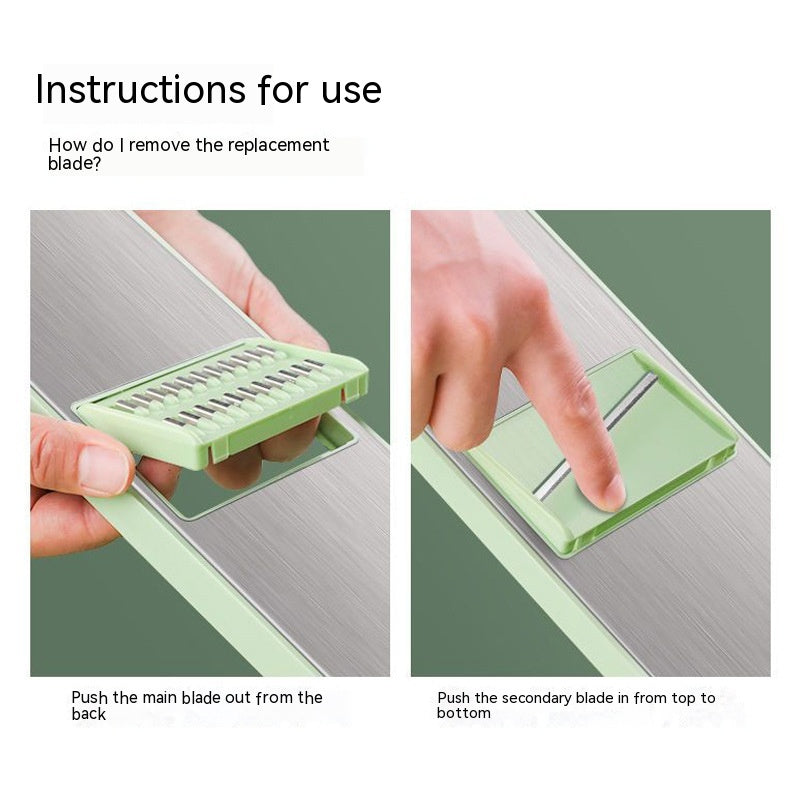 Instructions for removing a replacement blade on a kitchen tool.