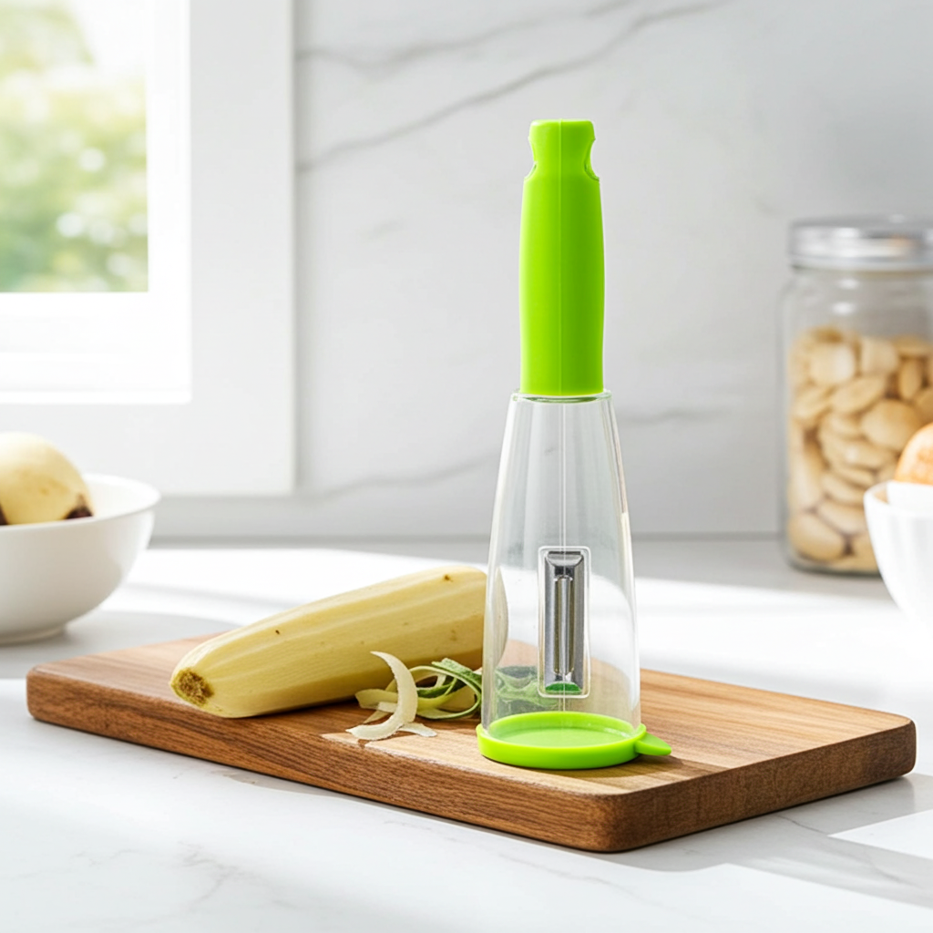 A clear plastic vegetable peeler with a bright green handle and matching green lid, standing on a wooden cutting board next to a peeled banana and peel in a bright kitchen setting.