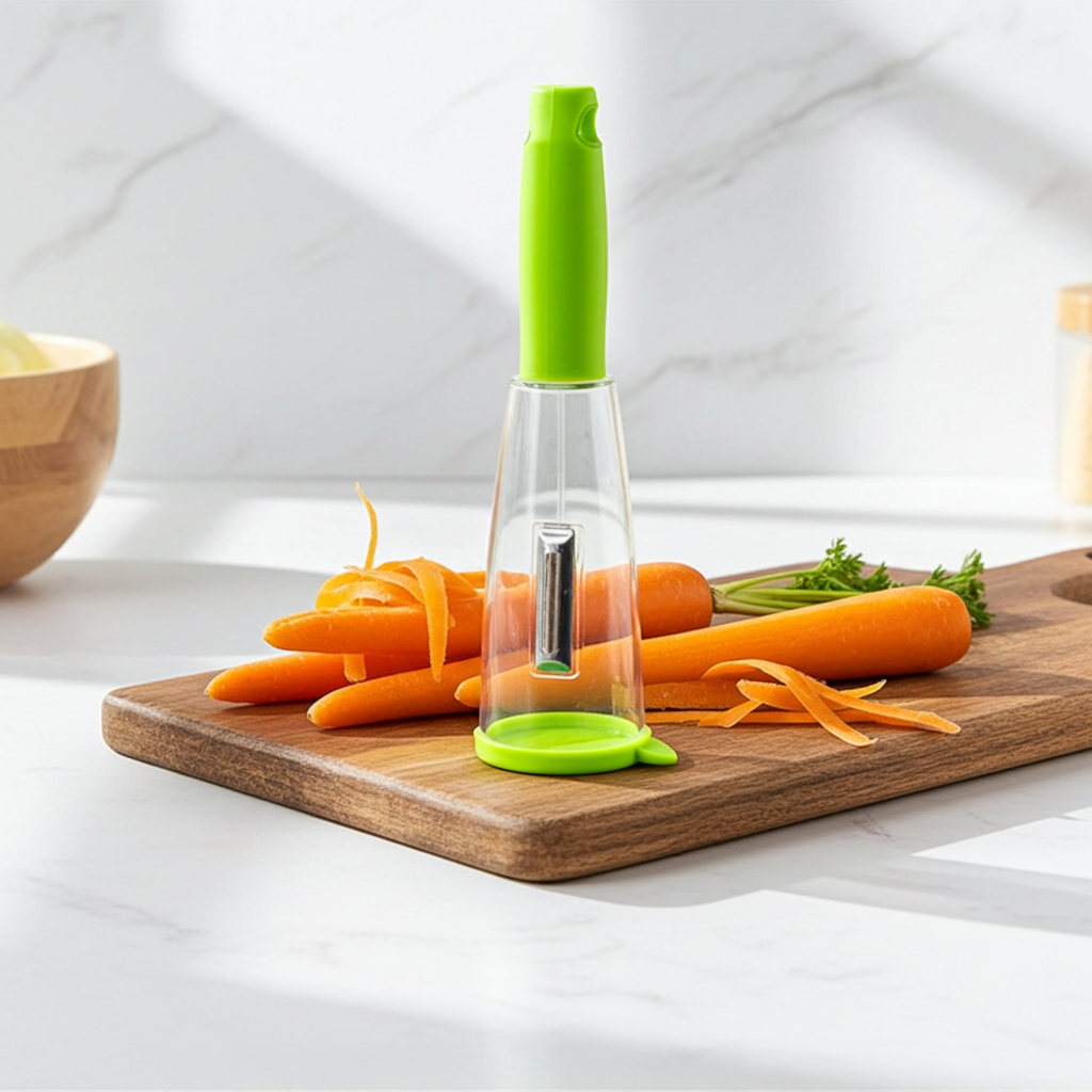 A clear plastic vegetable peeler with a bright green handle and green base sits on a wooden cutting board with carrots and carrot peelings, set on a white marble countertop.