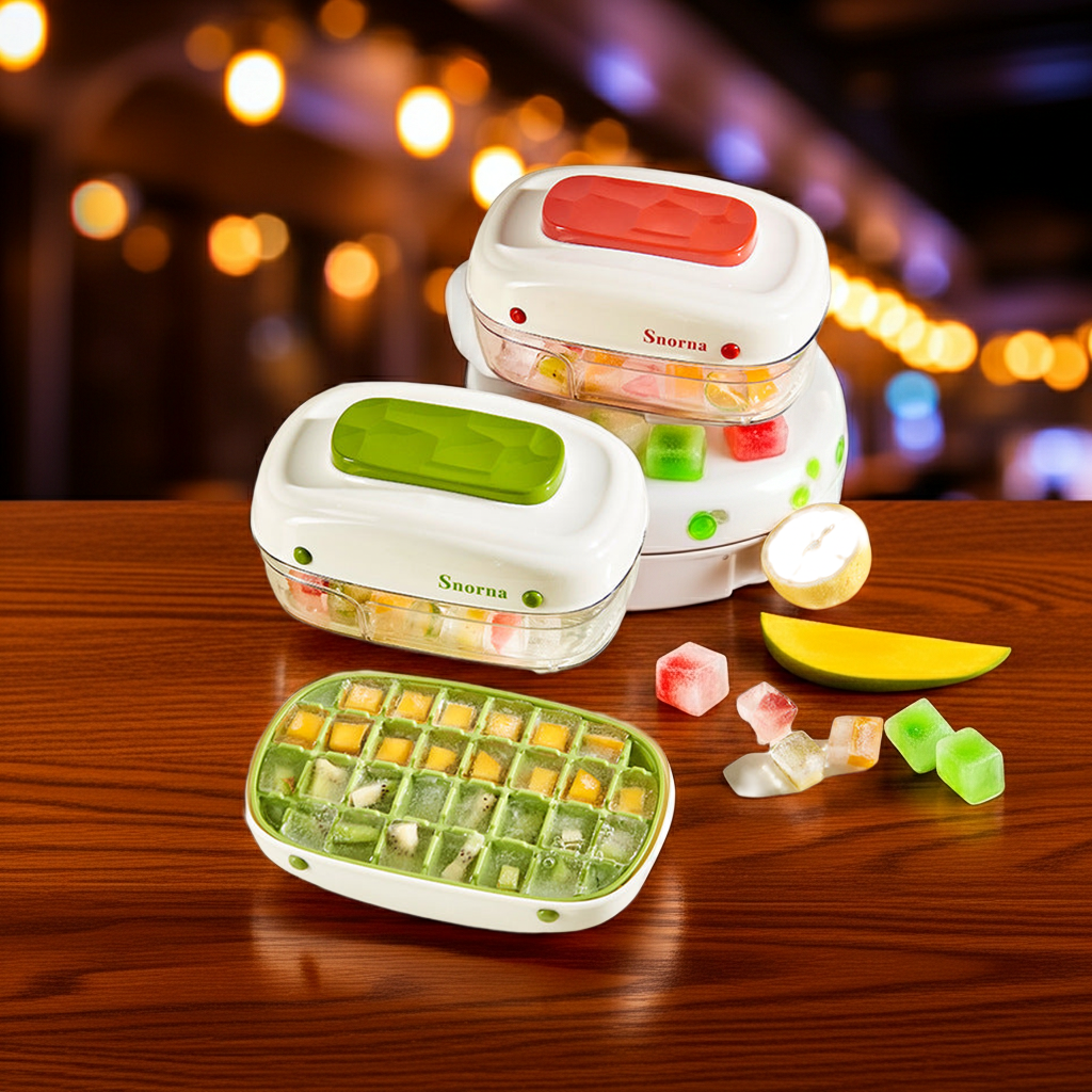 Three white Snorna food storage containers with colorful lids and compartments, displayed on a wooden table with ice cube trays and fruit slices against a blurred warm background.