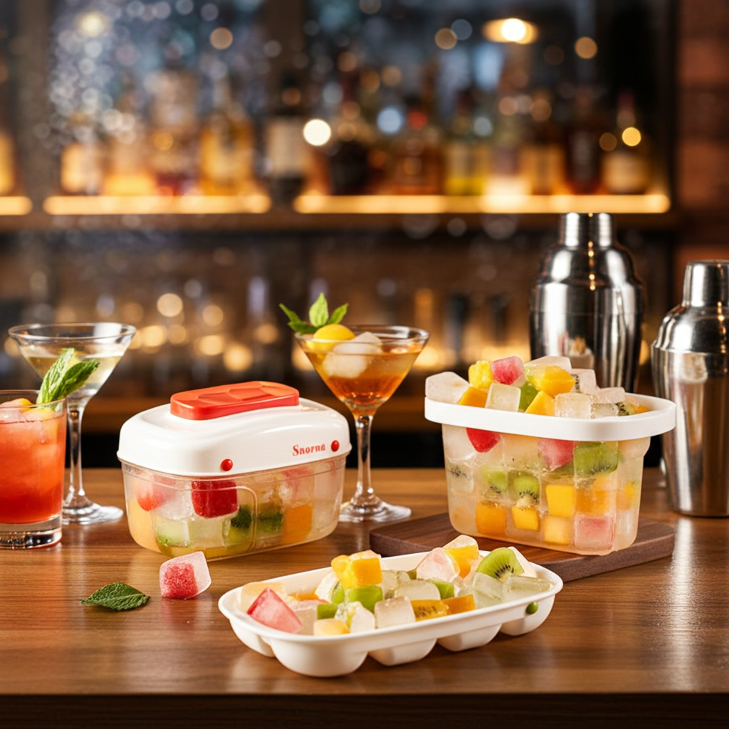 A set of clear plastic cocktail and mixer muddler containers with white lids, shown filled with colorful fruit and ice on a wooden bar counter, with cocktail glasses, shakers, and a blurred bar background.