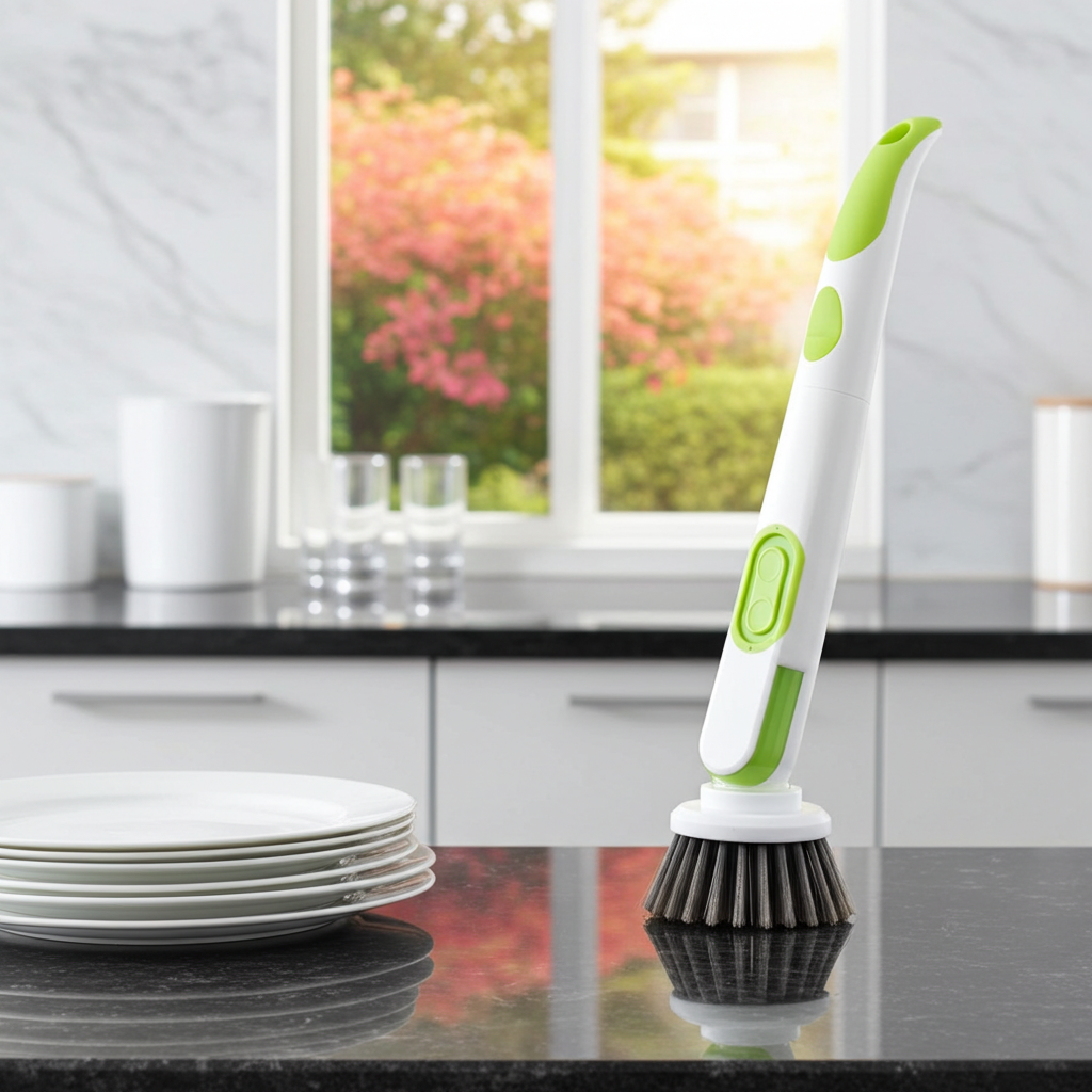 A kitchen dishwashing brush with a white and lime green handle and black bristles, standing on a dark countertop in a modern kitchen setting.