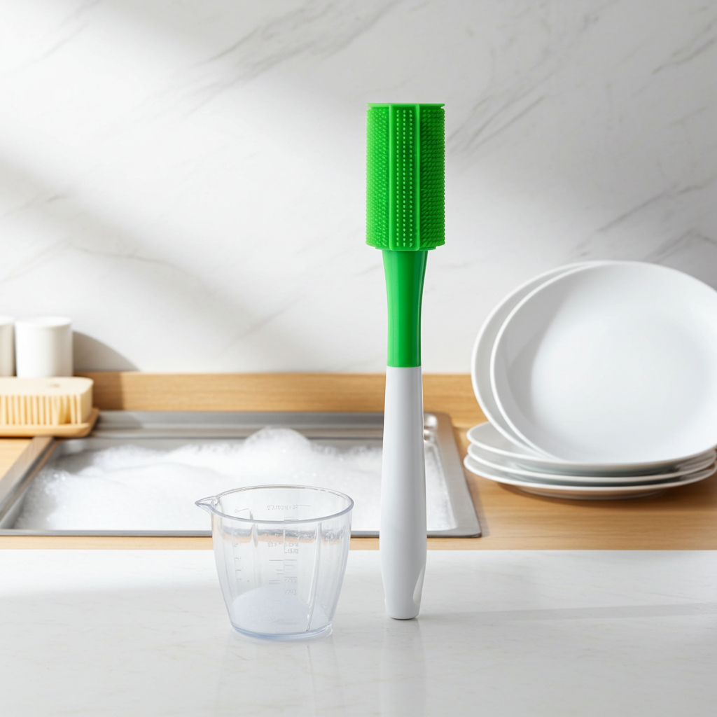 A dishwashing brush with a bright green silicone scrubber head and a white handle stands upright on a kitchen counter next to a clear measuring cup, with a sink, soapy water, and stacked white plates in the background.