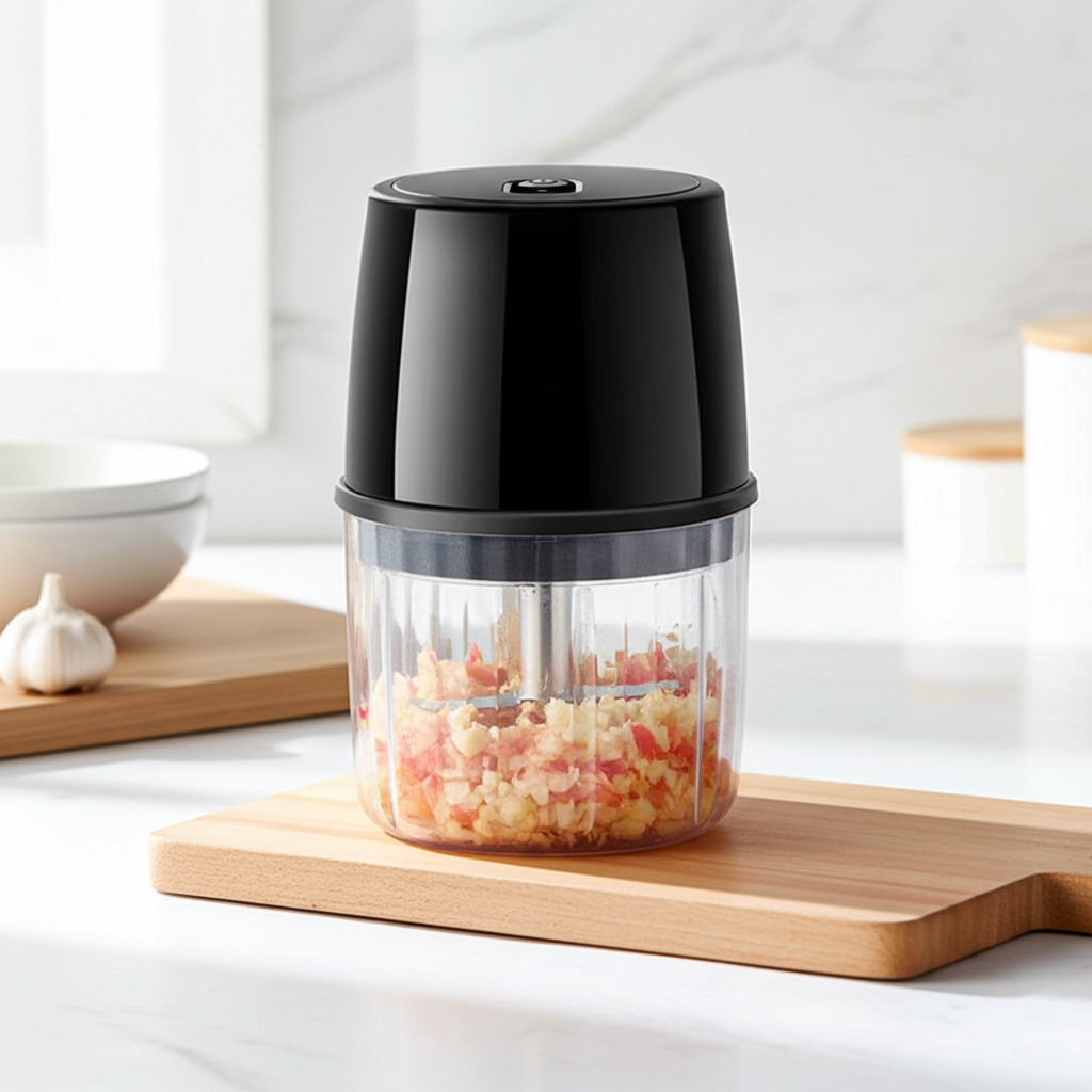 A manual electric food chopper with a black lid and clear container filled with chopped garlic and onion, sitting on a wooden cutting board in a bright kitchen setting.