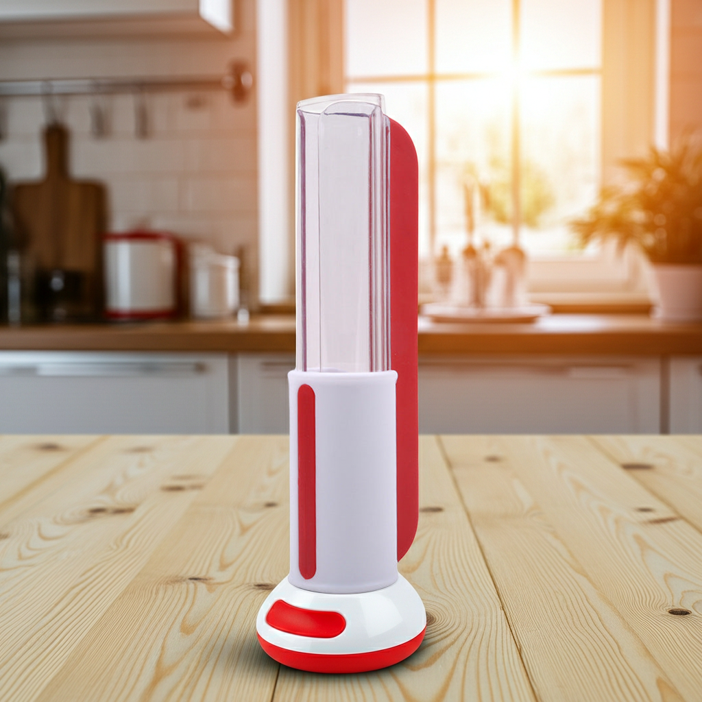 A modern countertop appliance with a white and red base and a clear cylindrical upper section, shown standing on a wooden table in a softly blurred kitchen setting.