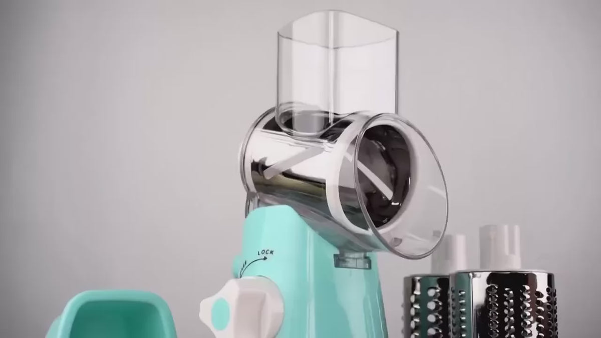 demo of a mandoline slicer shredding potatoes.