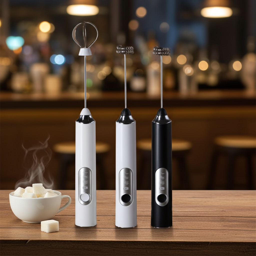 Three handheld electric frothers in white and black stand on a wooden table with a blurred bar background. A small white cup of steaming milk and sugar cubes sits to the left.