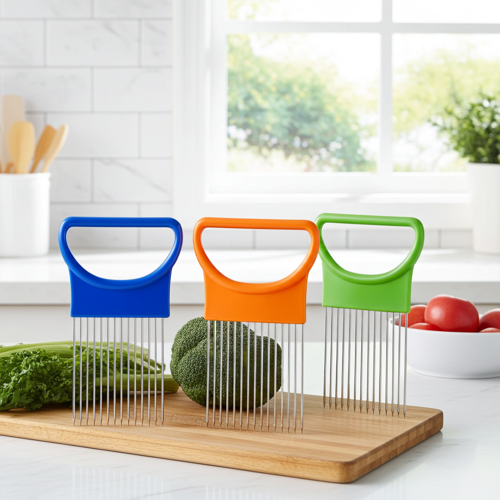 Three vegetable piercers with colorful handles in blue, orange, and green, displayed on a wooden cutting board with vegetables in a bright kitchen setting.