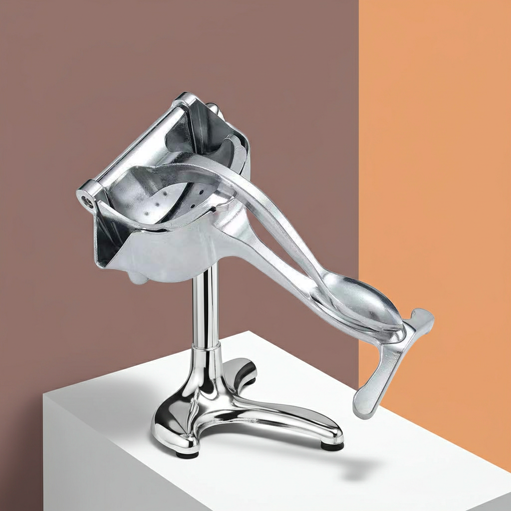 A polished chrome manual citrus juicer with a spoonful of juice, displayed on a white pedestal against a split brown and orange background.