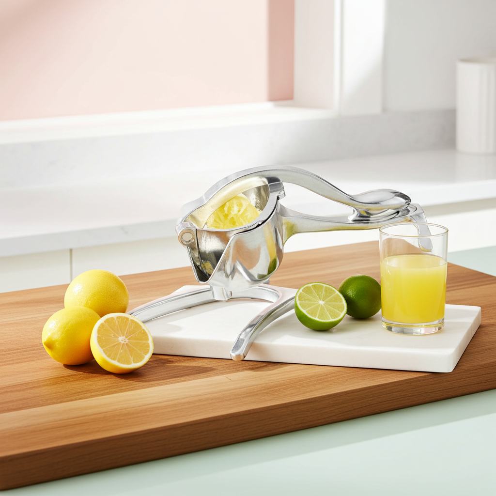 A stainless steel manual citrus juicer resting on a white marble cutting board, surrounded by lemons, limes, and a glass of orange juice on a wooden cutting board in a bright kitchen setting.