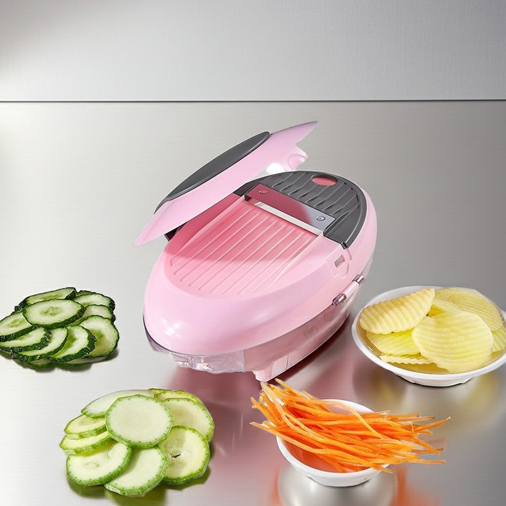 A pink electric vegetable slicer and grater shown on a reflective metallic surface, with sliced cucumbers, potato chips, and carrot sticks arranged around it.