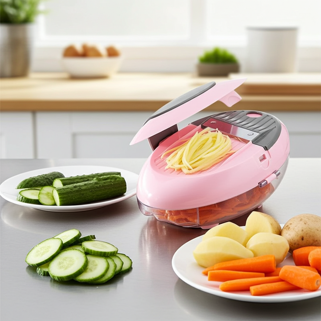 A pink manual vegetable slicer and shaver shown on a kitchen counter with plates of cucumbers, potatoes, carrots, and a potato, with shredded yellow noodles inside the clear container.