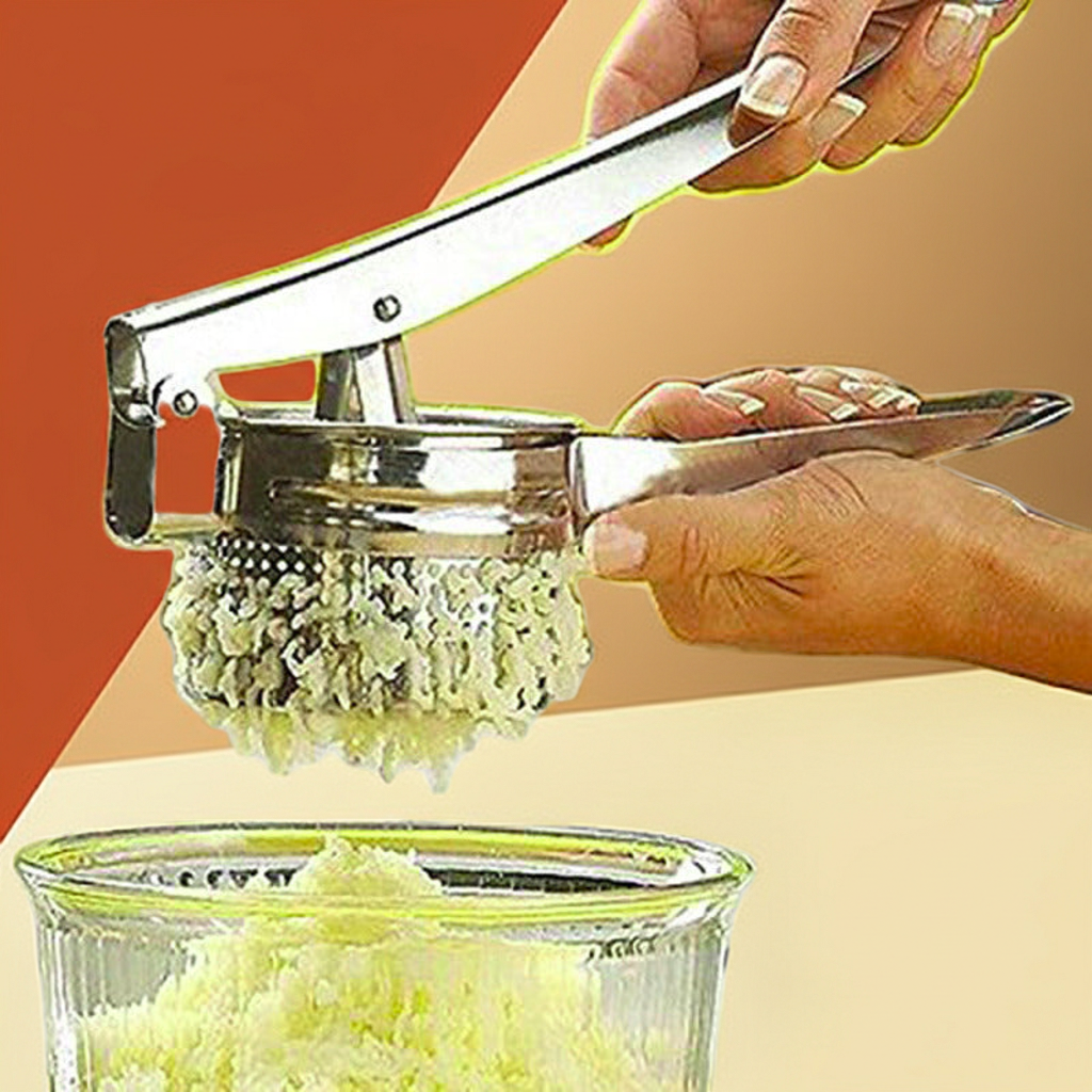 A metal garlic press being used by hands to press grated garlic into a clear container, with a split orange and beige background.
